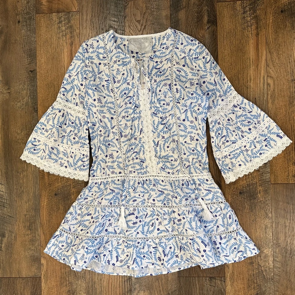 Temptation Positano Linen Crochet Lace Short Dress Blue White